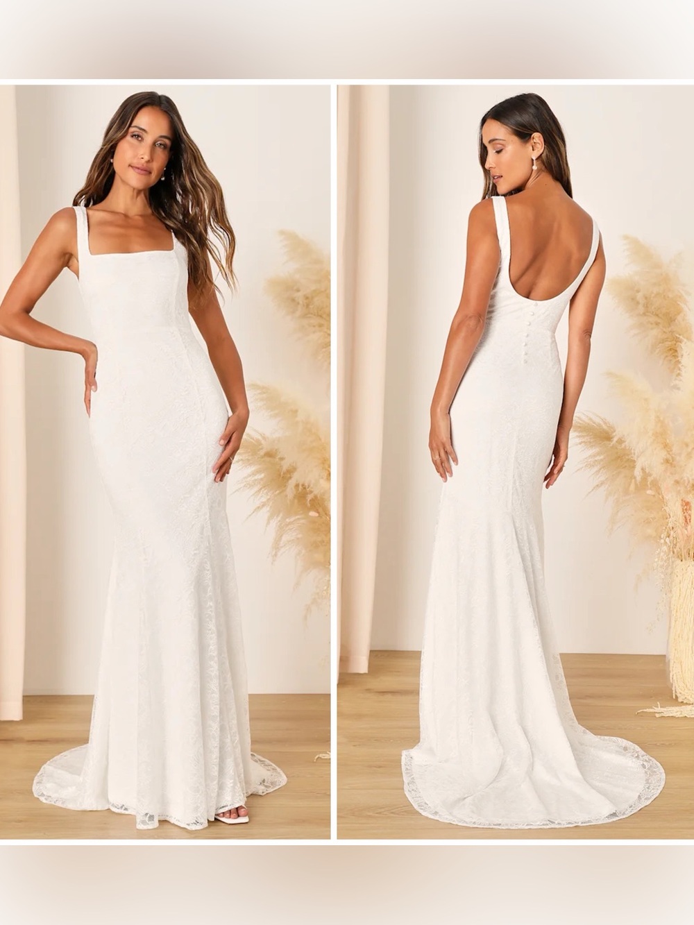 Lulus Eternal Happiness White Lace Square Neck Mermaid Maxi Dress Bride Sz NWT
